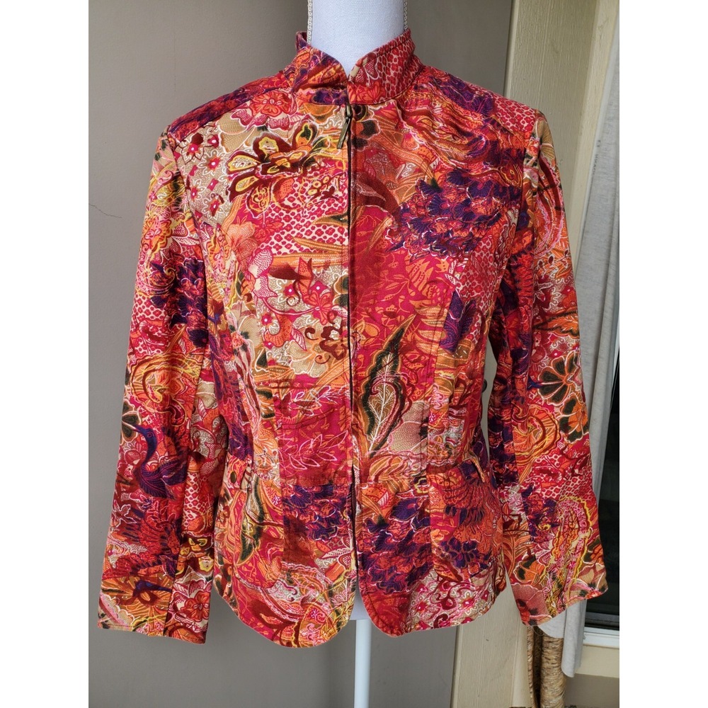Coldwater Creek Jacket Womens Medium Orange Pink Floral Paisley Pockets Full Zip